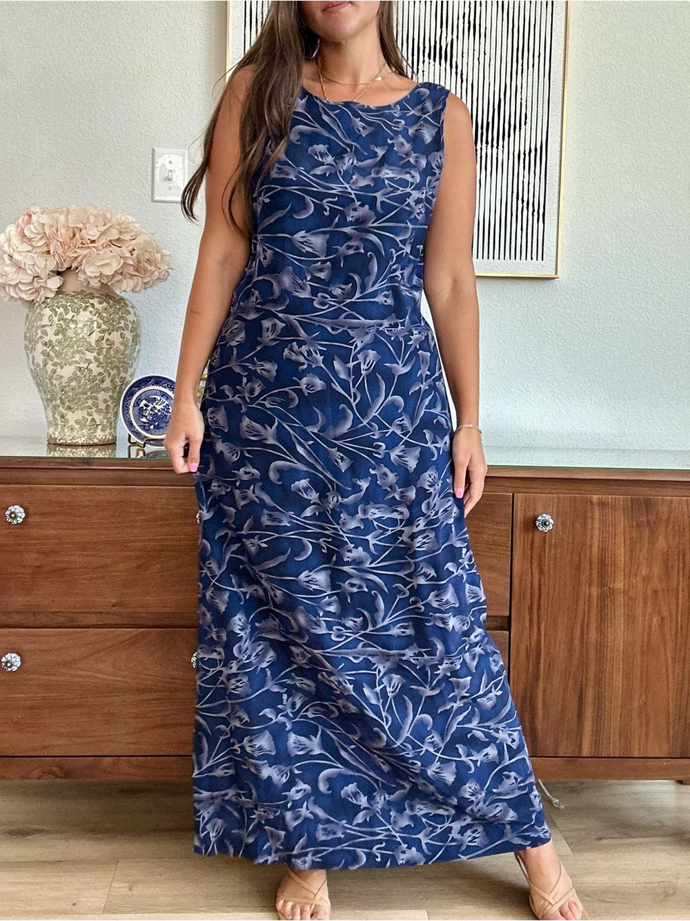 Eddie Bauer Navy Floral Sleeveless Maxi Dress